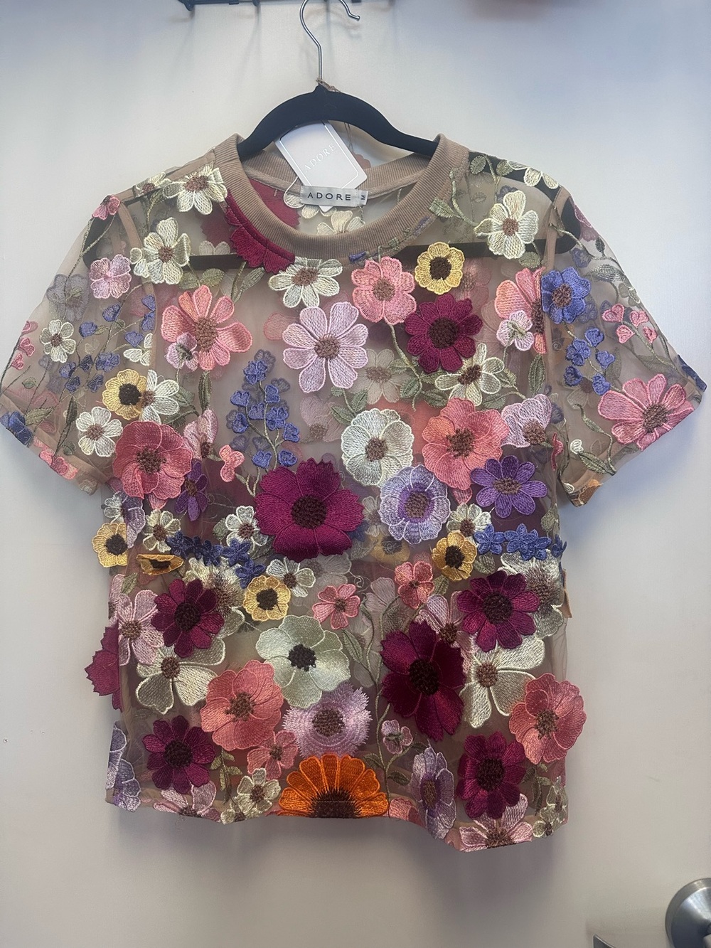 Adore Cream and Pink Floral Embroidered Sheer Blouse